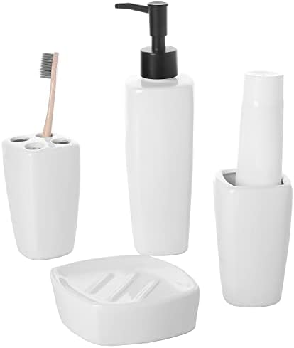 MyGift 4 Piece Modern White Ceramic Bathroom Set