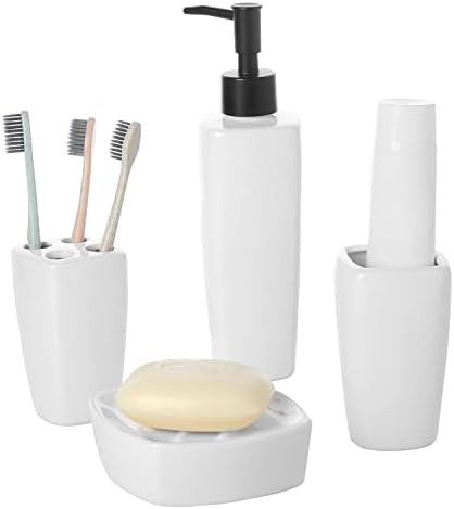 MyGift 4 Piece Modern White Ceramic Bathroom Set