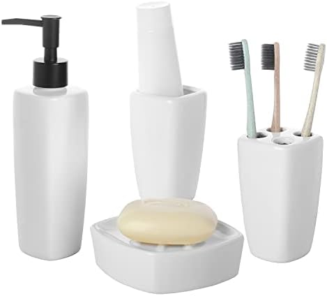 MyGift 4 Piece Modern White Ceramic Bathroom Set