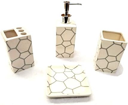 Empire Home Geometric 4-Piece Ceramic Bathroom Set - White Silver Hexagon