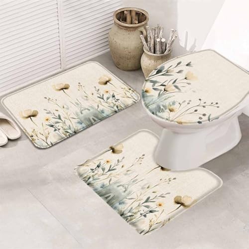 Wotrend 3-Piece Spring Bath Rug Set with Flower Leaves Linen Texture