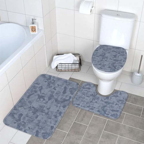 French Blue Mottled Linen 3-Piece Bath Rug Set