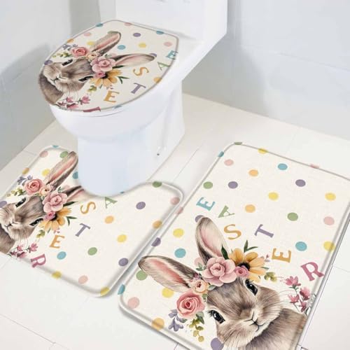 Wotrend Easter 3 Piece Bath Rug Set with Wreath Rabbit Design