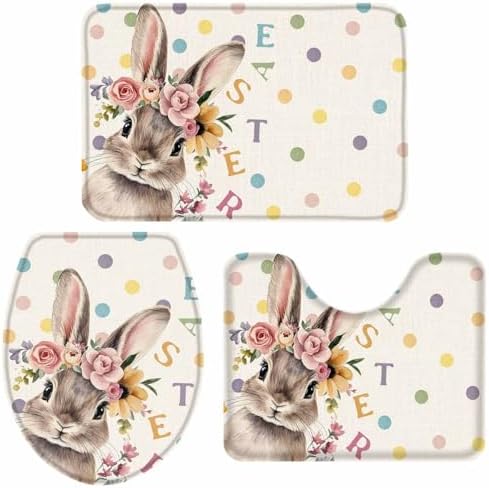 Wotrend Easter 3 Piece Bath Rug Set with Wreath Rabbit Design