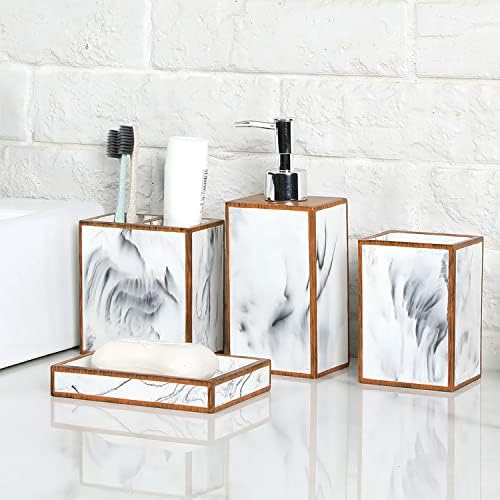 MyGift 4 Piece Bathroom Accessories Set with Marble Design and Wood Trim