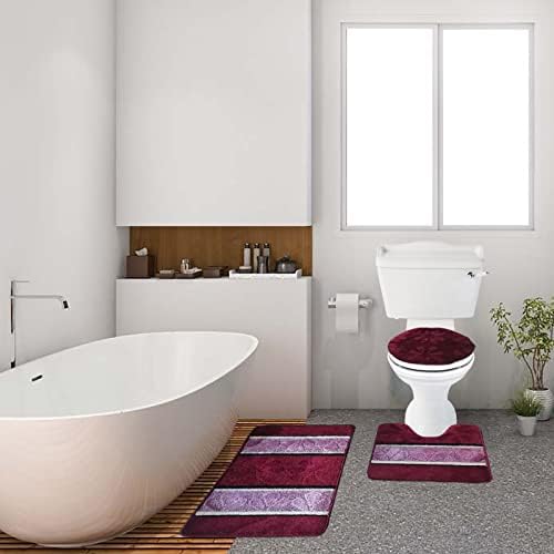 BH Home Linen 3 Pc Geometric Shaggy Bath Rug Set in Burgundy