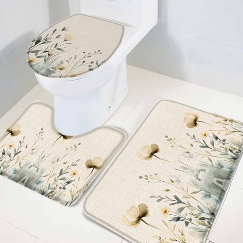 Wotrend 3-Piece Spring Bath Rug Set with Flower Leaves Linen Texture