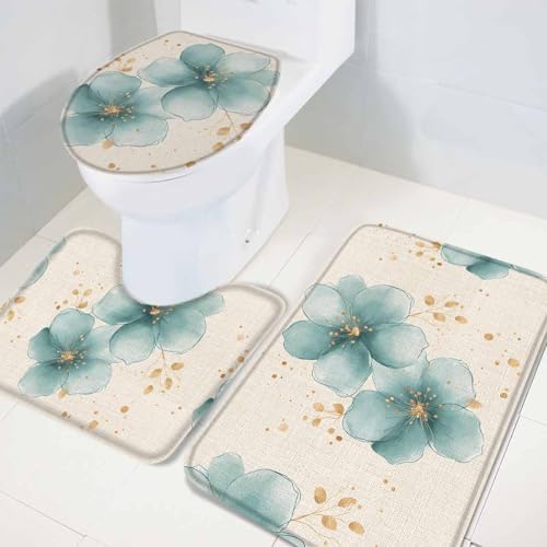 Wotrend Floral 3-Piece Bath Rug Set with Non-Slip Rubber Bottom