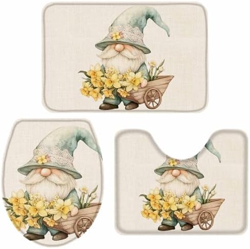 Wotrend Yellow Flower Gnome Bath Rug Set 3 Pieces