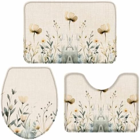 Wotrend 3-Piece Spring Bath Rug Set with Flower Leaves Linen Texture