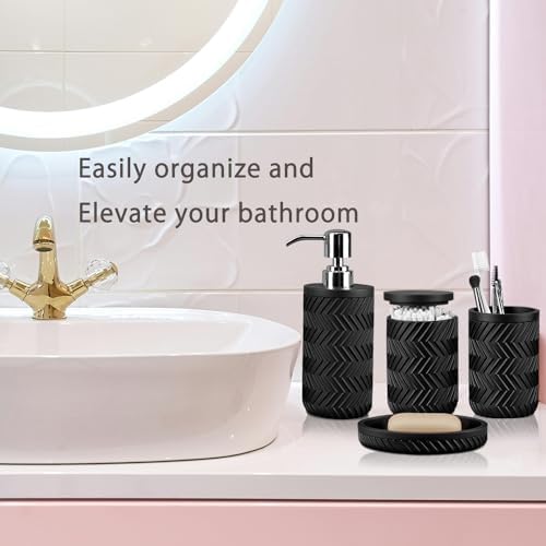 Softflame 4PCs Marble Look Bathroom Accessory Set Matte Black