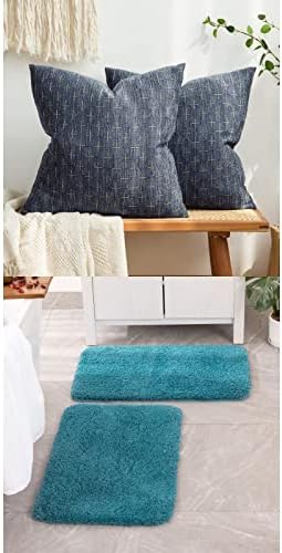 MIULEE Blue Linen Throw Pillow Covers Teal Bath Rugs Set