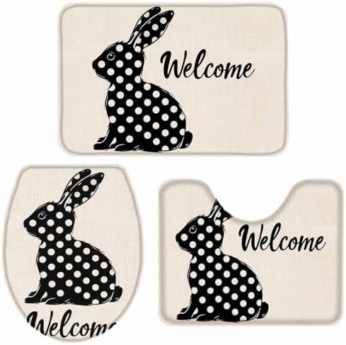 Wotrend Easter 3 Piece Bath Rug Set with Polka Dot Rabbit Design