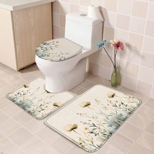 Wotrend 3-Piece Spring Bath Rug Set with Flower Leaves Linen Texture
