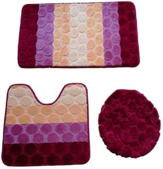 3 Pcs Oversized Geometric Striped Bath Rug Set in Burgundy