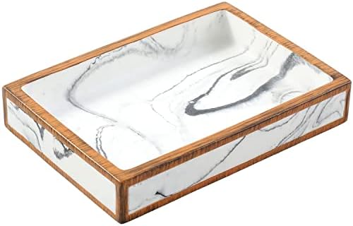 MyGift 4 Piece Bathroom Accessories Set with Marble Design and Wood Trim