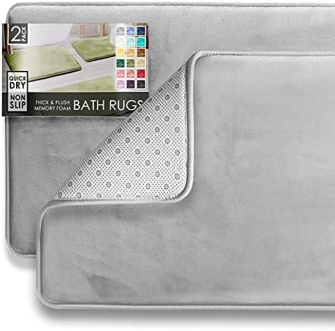 Clara Clark 2 Piece Velvet Bath Mat Set - Non-Slip Quick Drying Silver