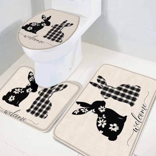 Wotrend Easter 3 Piece Bath Rug Set with Fluffy Rabbits Flowers