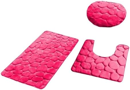 3 Piece Memory Foam Bathroom Rug Set Rock Stone Design Hot Pink