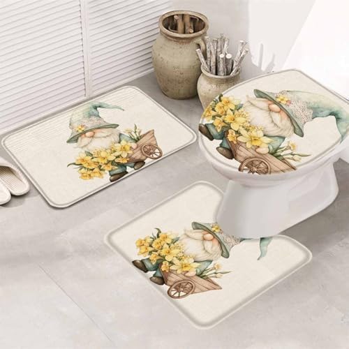 Wotrend Yellow Flower Gnome Bath Rug Set 3 Pieces