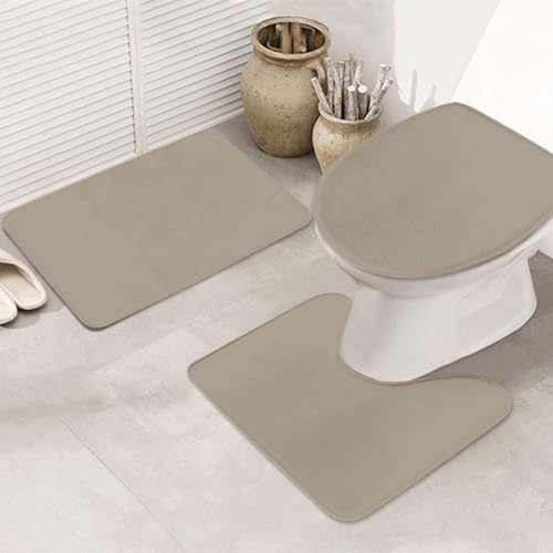 Perostye 3 Pieces Bathroom Rug Set with Anti-Slip Linen Beige Mats