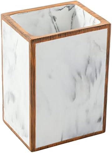 MyGift 4 Piece Bathroom Accessories Set with Marble Design and Wood Trim