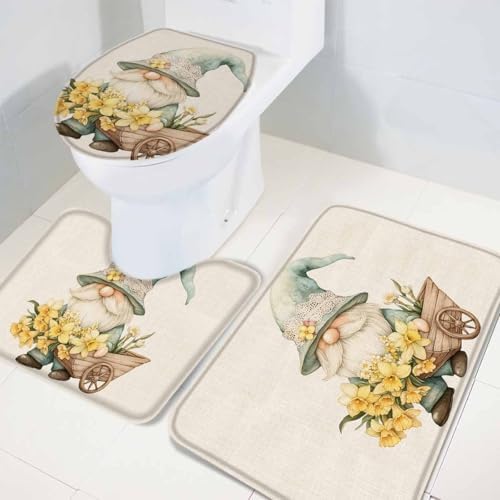 Wotrend Yellow Flower Gnome Bath Rug Set 3 Pieces