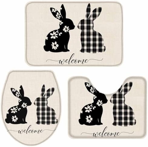Wotrend Easter 3 Piece Bath Rug Set with Fluffy Rabbits Flowers