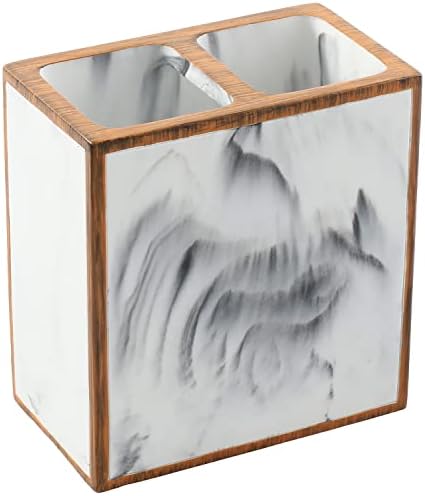 MyGift 4 Piece Bathroom Accessories Set with Marble Design and Wood Trim