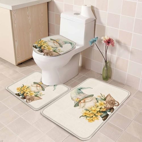 Wotrend Yellow Flower Gnome Bath Rug Set 3 Pieces