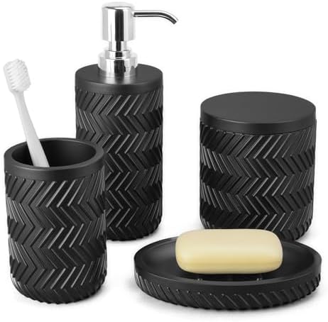 Softflame 4PCs Marble Look Bathroom Accessory Set Matte Black