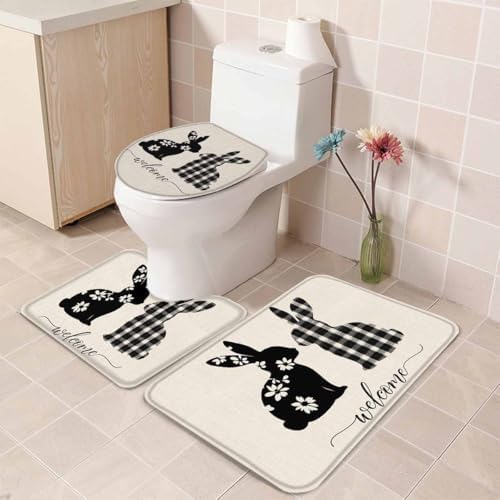 Wotrend Easter 3 Piece Bath Rug Set with Fluffy Rabbits Flowers