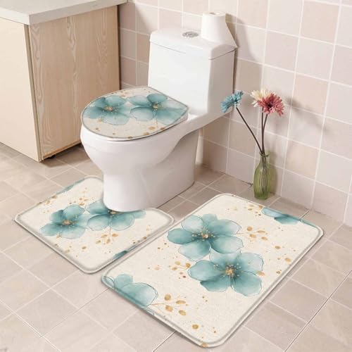 Wotrend Floral 3-Piece Bath Rug Set with Non-Slip Rubber Bottom