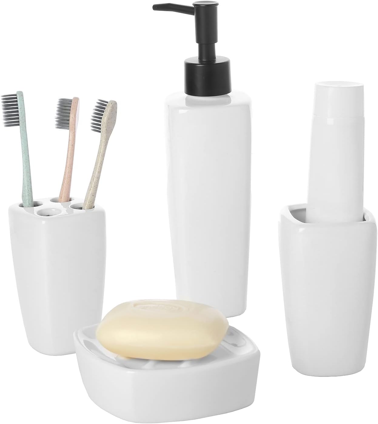 MyGift 4 Piece Modern White Ceramic Bathroom Set