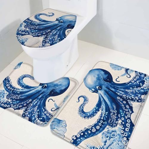 Wotrend Octopus Bath Rug Set 3 Pieces Tentacles Blue