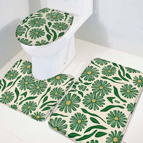 Wotrend 3 Piece Bath Rug Set Green Flower Linen Texture 1