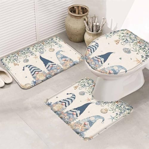 Wotrend Summer 3 Piece Bath Rug Set Ocean Blue Gnome Starfish