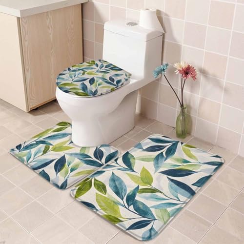Wotrend Spring 3 Piece Bath Rug Set with Green Blue Leaves Linen Texture