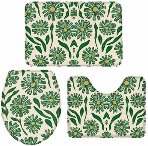 Wotrend 3 Piece Bath Rug Set Green Flower Linen Texture 1