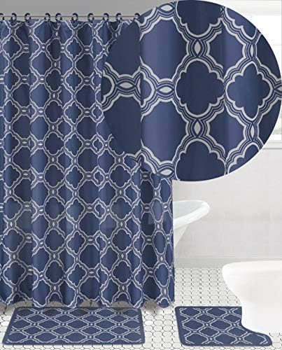 15 Piece Bath Mat Set with Non-Skid Shower Curtain and Hooks