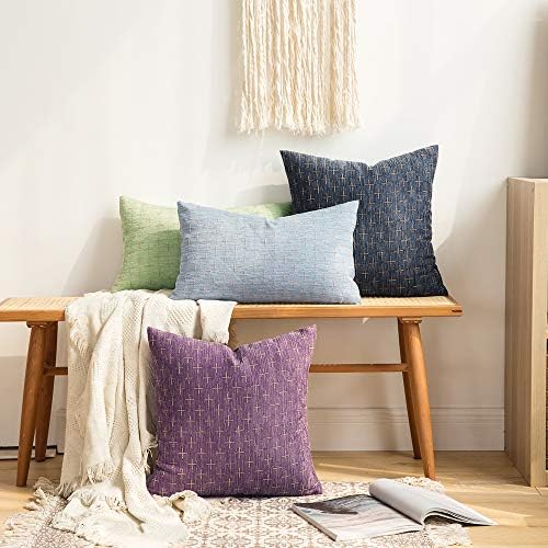 MIULEE Blue Linen Throw Pillow Covers Teal Bath Rugs Set