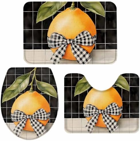 Wotrend Lemon 3 Piece Bath Rug Set with Checked Plaid Linen Texture