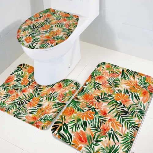 LgioyxQ Orange Green Leaves Bathroom Rugs Set 3 Piece