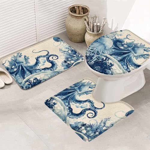 Wotrend Octopus Bath Rugs Set 3 Pieces Underwater Decor