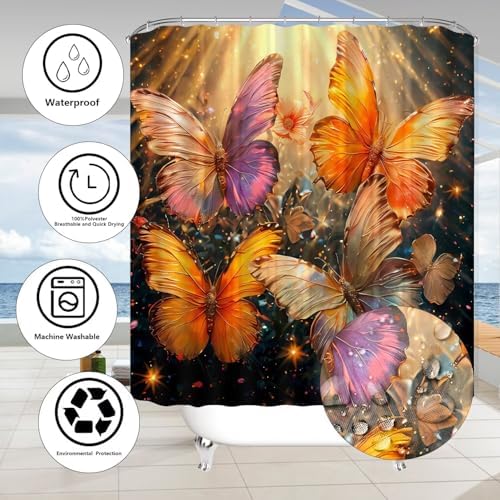 4Pcs Gold Butterfly Shower Curtain Set with Mats and Hooks