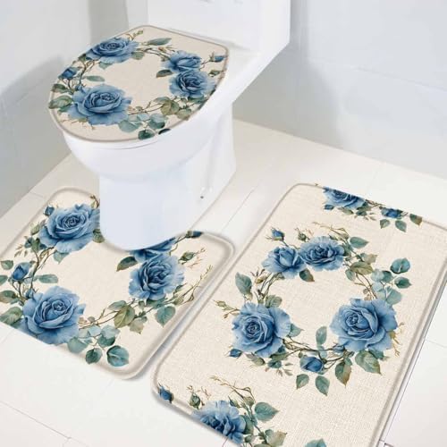 Wotrend Farmhouse Blue Rose Bath Rug Set 3 Piece