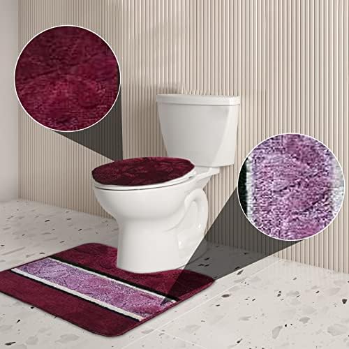 BH Home Linen 3 Pc Geometric Shaggy Bath Rug Set in Burgundy