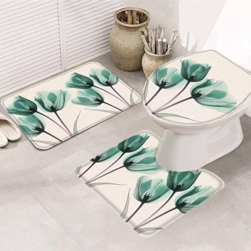 Wotrend Floral 3 Piece Bath Rug Set Teal Green