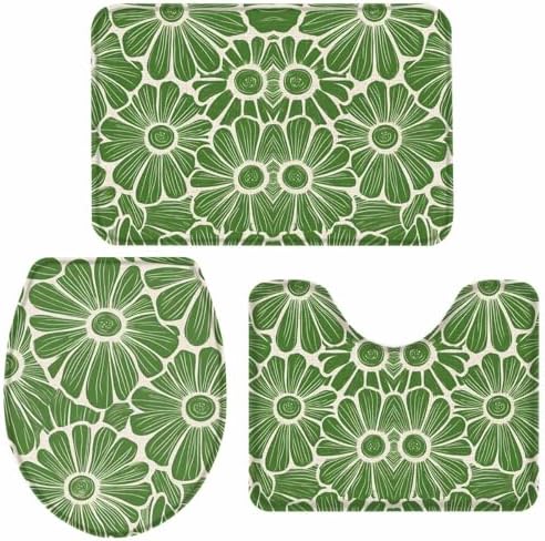 Wotrend Spring 3 Piece Bath Rug Set Floral Green Linen Texture