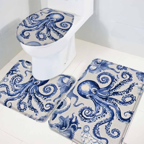 Wotrend Octopus 3 Piece Bath Rug Set Navy Blue